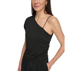 DKNY Women's One Shoulder Ruched Side Single Cap Sleeve Top Rich Black Size S